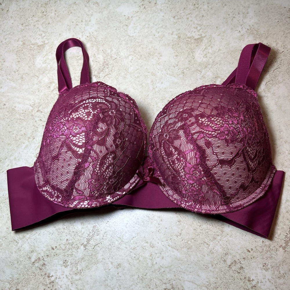 Strm Line Intimates Underwire Padded Push Up Bra Size 34C Maroon Lace Overlay